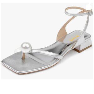 XYD Silver Pearl Toe Sandal with Block Heel Square Open Toe Ankle Strap Shoes